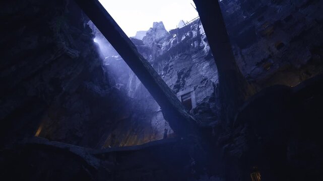 Dusk lit chasm with soft waterfall and misty shaft, layered rock faces, narrow bridge silhouette, ambient glow and atmospheric moisture perfect for dramatic