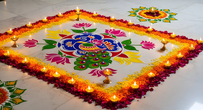 Vibrant Diwali rangoli pattern with lit oil diya lamps on floor
