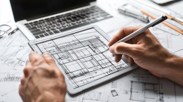 Architectural designer meticulously drafting building blueprints on a digital tablet