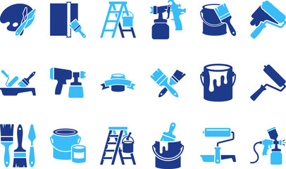 Painting and decorating icons with brushes rollers spray guns paint cans ladders and palettes. © BM