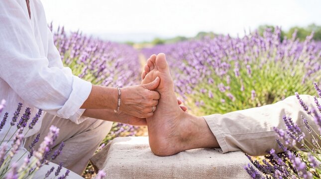 Woman masseur performing foot reflexology for man in blooming lavender field. Alternative medicine and holistic therapy treatment. Relaxation, stress relief and wellness summer concept.