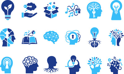 Mind and idea symbols with brain light bulb key box and book representing creativity innovation inspiration knowledge. © BM