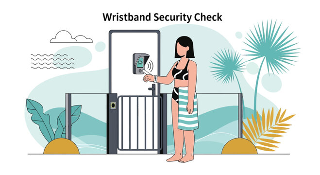 Woman using wristband access control at pool gate, security check concept