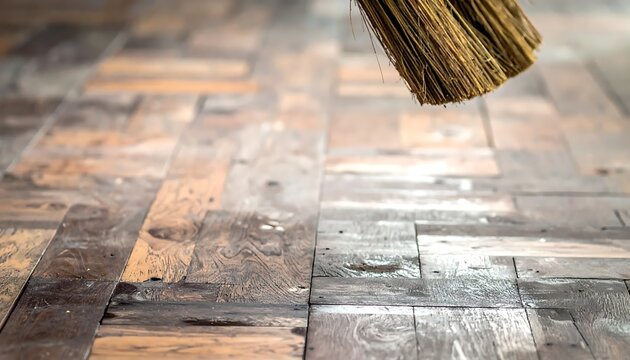 Rustic Wooden Parquet Floor Being Swept Indoors with Straw Broom