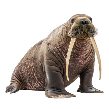 A walrus with long tusks and a thick, brown coat, sitting on a white background.