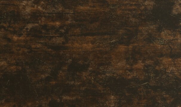 A dark brown wooden surface with visible scratches and marks