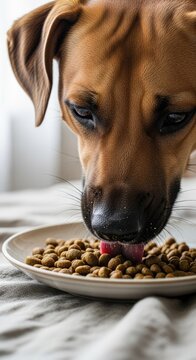 Adorable Brown Dog Eating Food from a Plate Indoors on a Gray Blanket.