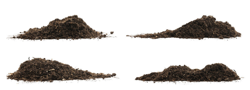 set pile peat moss soil, and mound compost Isolated on a white background. featuring natural dirt, texture on a clean surface, forming an earthy mound ideal for garden