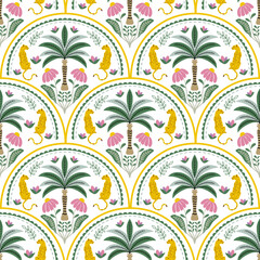Vintage palm tree seamless pattern with arch motifs on beige. Ideal for boho, tropical decor, wallpaper, and fabric design. © Kamolwan