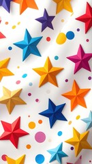 Fototapeta premium Vibrant paper stars and polka dots on a white textured background