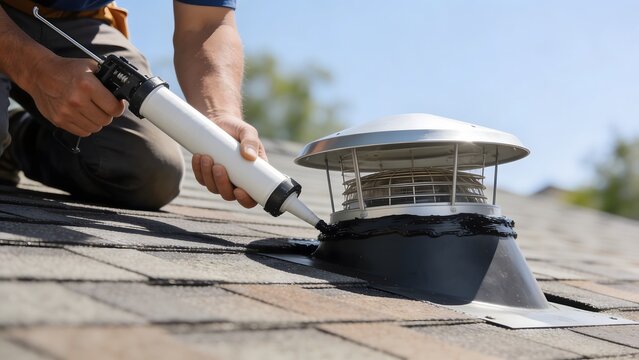 "Roofer applying black waterproof sealant around a white plastic roof vent using a caulking gun. Professional residential roof maintenance, repair, and leak prevention service concept