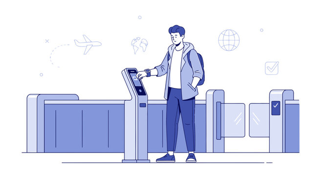 Young man interacting with self-service kiosk at airport security gate