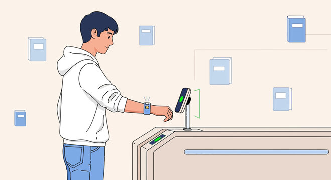 Young man using smartwatch to pay at library self-checkout kiosk