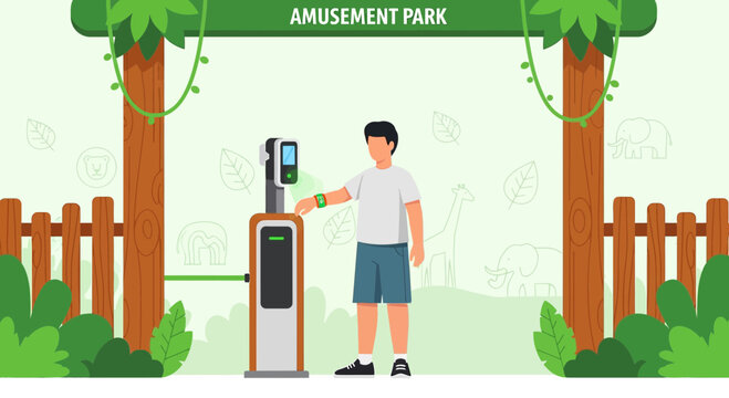 Young man using ticketing machine at amusement park entrance with jungle theme.