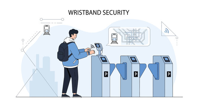 Young man using wristband for contactless entry through turnstile gate