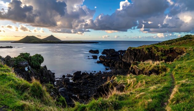 Panoramic coastal view at sunset with rolling hills and rocky shore