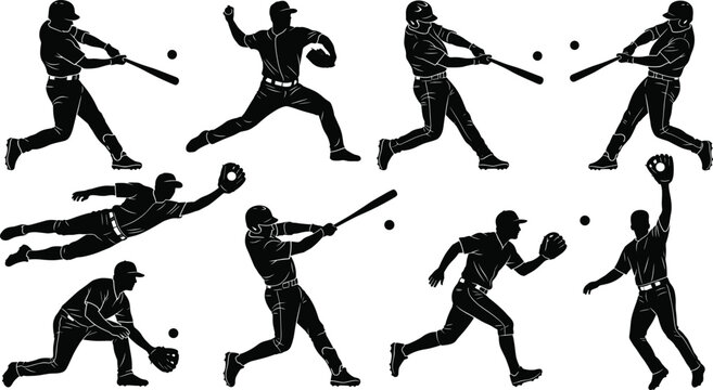 Baseball player silhouette collection, softball athlete icons, sports team action, batting, pitching, catching, sliding, game competition, championship, athletic match.