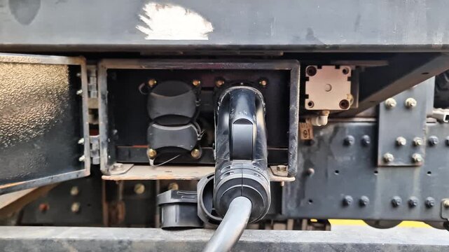 Zero Emission Transportation Close Up of Heavy Electric Truck Battery Being Recharged with High Voltage Cable