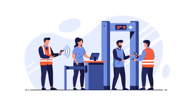 Airport security check, metal detector, scanning, boarding pass, traveler