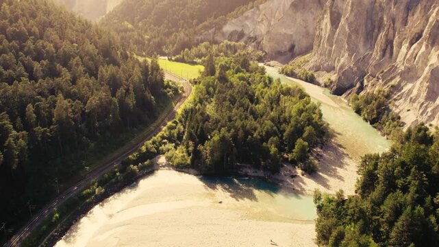  Aerial View of Chur Switzerland River Valley and Green Hills Landscape
