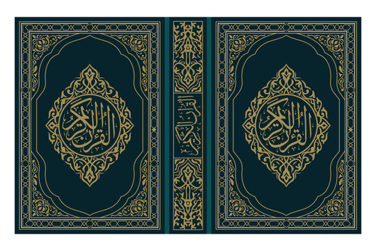 islamic holy quran book cover design with luxury golden arabic calligraphy and islamic mandala ornaments, vector illustration