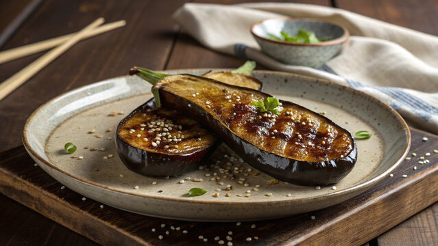 Photorealistic Japanese rustic food scene miso glazed eggplant umami caramelized glaze sesame scallion ceramic plate warm kitchen lighting wooden table composition