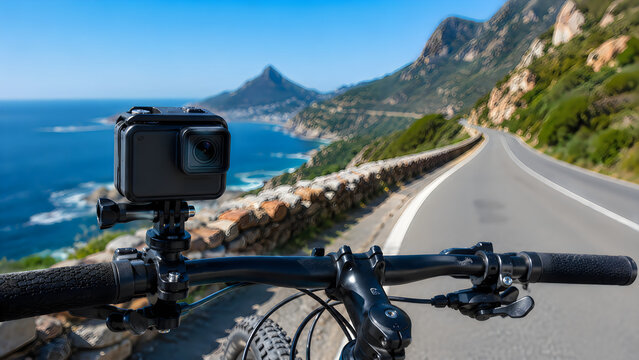 Mountain biking, scenic coastal road, ocean view, action camera, cycling adventure technology