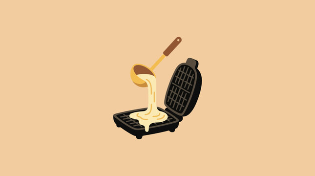 Flat Vector Illustration of Pouring Waffle Batter into a Waffle Iron