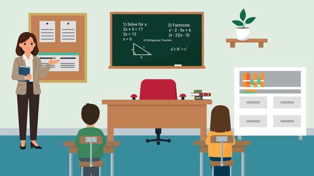 Math classroom with female teacher and students vector illustration. Flat vector illustration of a modern school mathematics classroom interior.