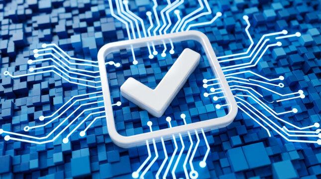 Digital check mark icon on blue circuit board background, cybersecurity verification concept, electronic data validation and software testing