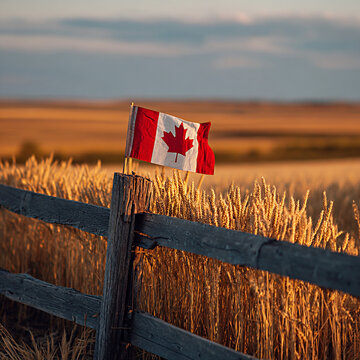 Canadian flag waving on a wooden fence post amidst golden wheat fields under a clear sky during sunset in a rural landscape of Canada