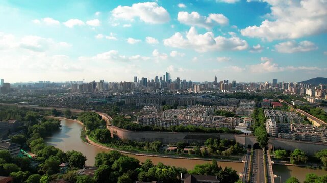 Aerial panorama of Xi'an city wall and modern skyline in China in Xi an, China
