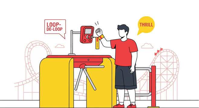 Amusement park entry: Person scans wristband at turnstile with roller coasters