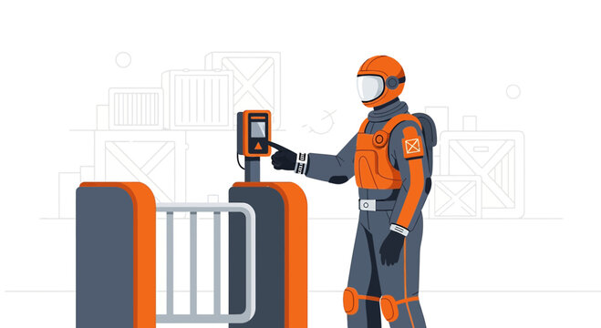 Astronaut Accessing Futuristic Security Gate with Scanner, Sci-Fi Logistics