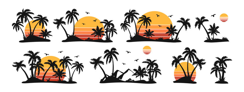 Tropical island sunsets with palm trees, vector graphics