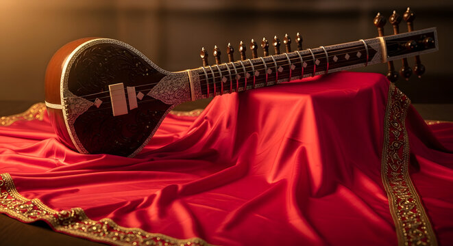 Traditional Indian sitar musical instrument on elegant red silk fabric drape.