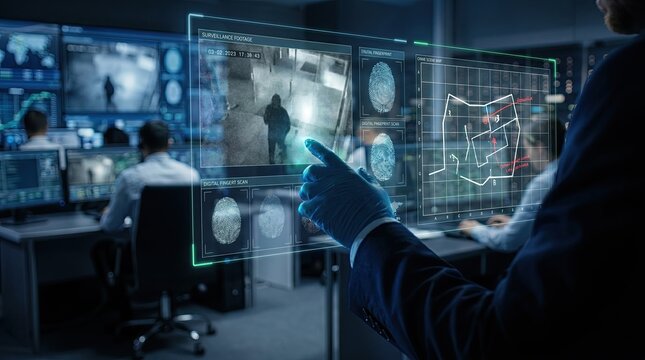 Detective&rsquo;s hand analyzing holographic surveillance feeds and fingerprints in a dark cinematic command room, Gen by AI