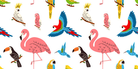 Fototapeta premium A seamless pattern with tropical birds, including flamingos, parrots, and toucans. Perfect for textile printing, wallpaper, and packaging.
