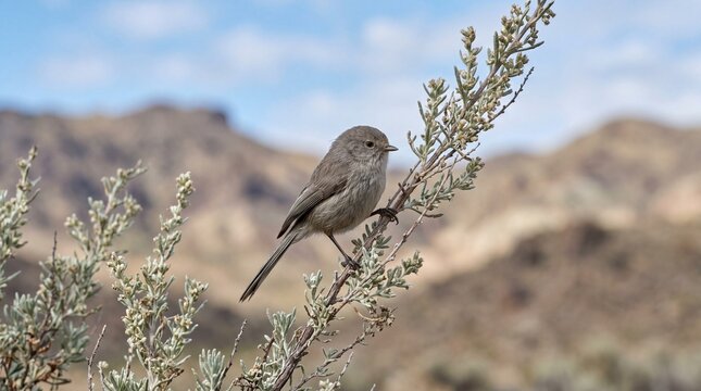 Bushtit Bird Perched on a Sagebrush Twig in Arid Landscape