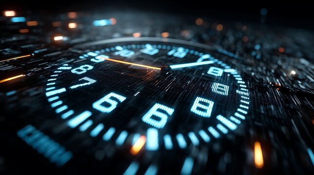 Futuristic digital clock face with glowing blue numbers and orange light streaks representing time management, speed, and advanced technology on a dark textured circuit board