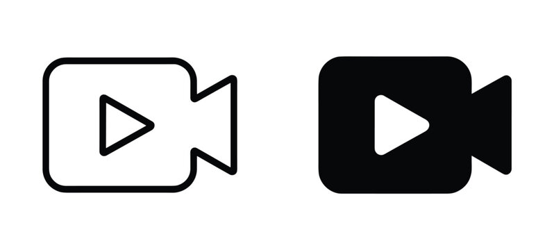 Video Camera Icon Set. A set of two video camera icons, one in outline and one in solid black, both featuring a play button, representing media playback and recording.