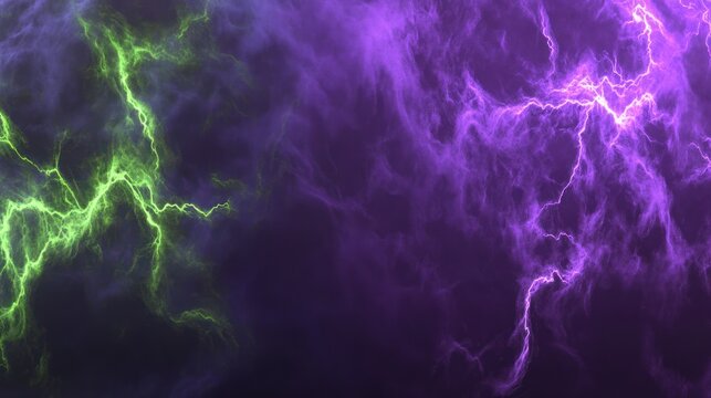 Vibrant purple and green lightning streaks across stormy sky