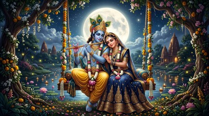 Fototapeta premium Divine Radha and Krishna sitting together on a floral swing under the full moon
