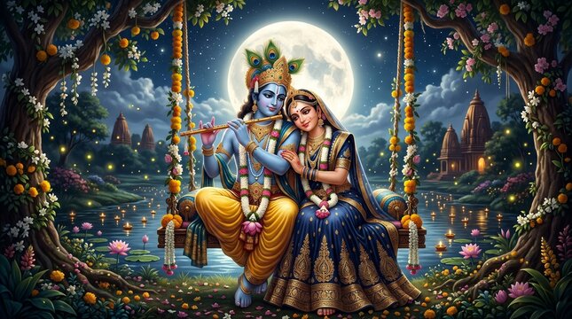 Divine Radha and Krishna sitting together on a floral swing under the full moon