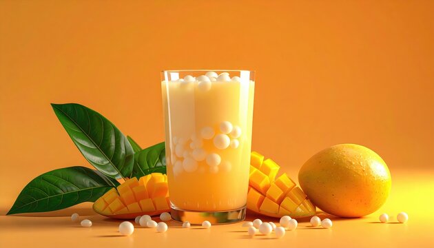 Refreshing mango bubble drink with fresh fruit and leaves