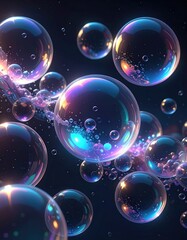 Naklejka premium Iridescent, transparent spheres float in a dark void, catching light