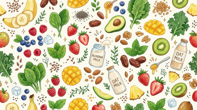 Seamless Repeating Vector Pattern of Healthy Smoothie Ingredients, Plant-Based Milk, and Superfoods