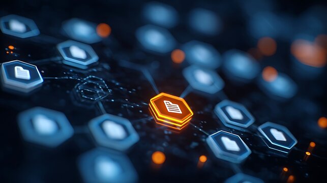 Digital document management system network featuring a highlighted orange hexagon file node among connected blue database icons representing secure cloud storage