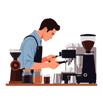 Vector flat design illustration of a barista making coffee with an espresso machine and grinder in a cafe setting