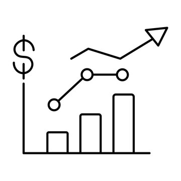 A minimalist financial growth icon showcasing an upward trending dollar sign chart with rising bar graphs and data points illustrating business success and economic prosperity in a clean vector outlin